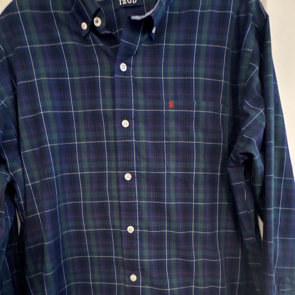 IZOD Men's L Plaid Button-Down Long Sleeve Cotton Blend Shirt Blue Green