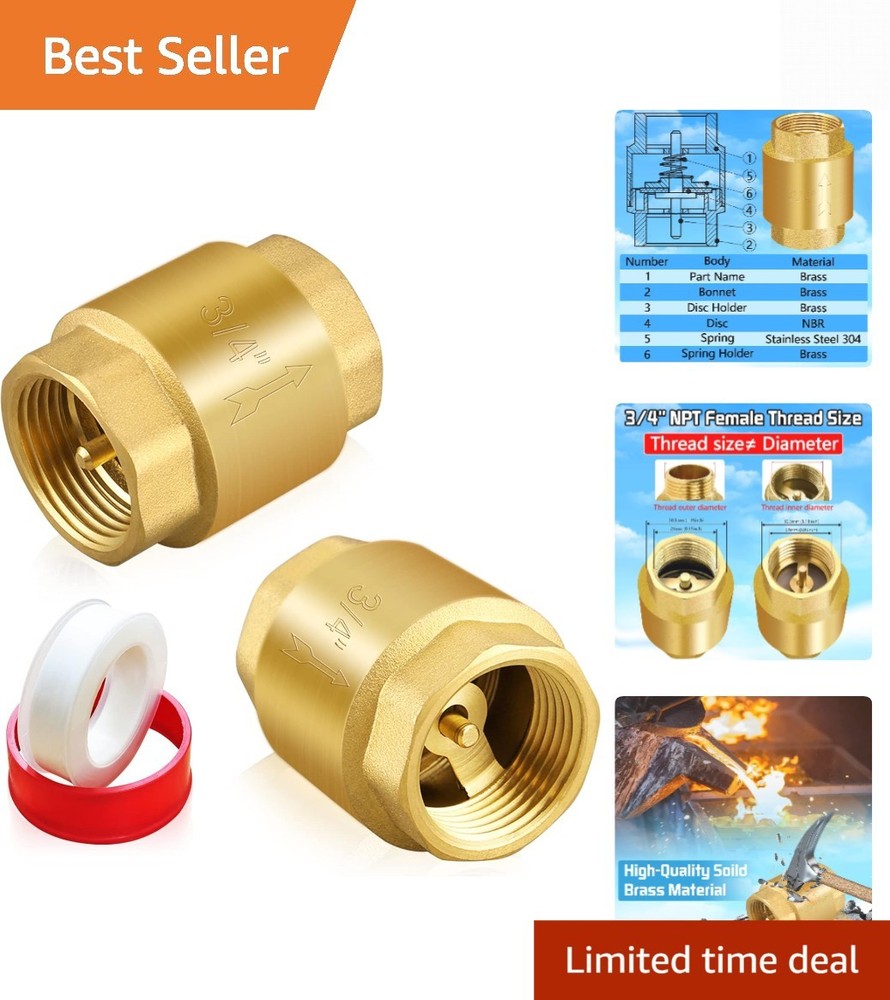 2PCS 3/4 NPT Thread Spring Check Valve, Brass Non Return One Way Horizontal V...