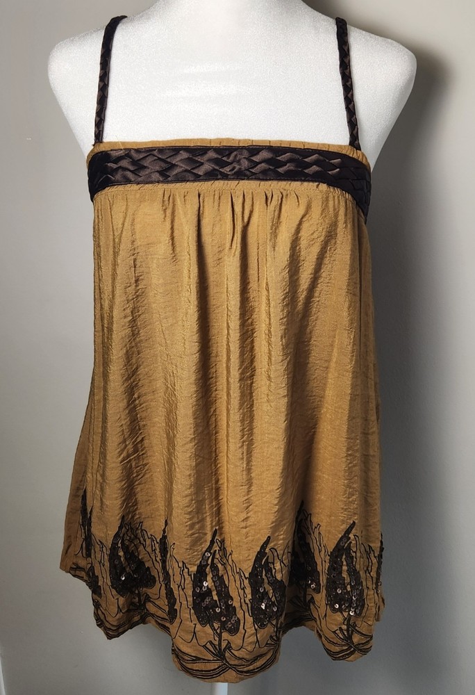 Twentyone Tank Women’s L Embellished Brown Boho Top Sequin Trim Braided