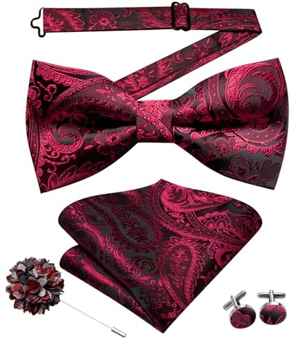 Bow Ties for Men Pre-Tied Pocket Square Lapel Pin Black Red Paisley Floral