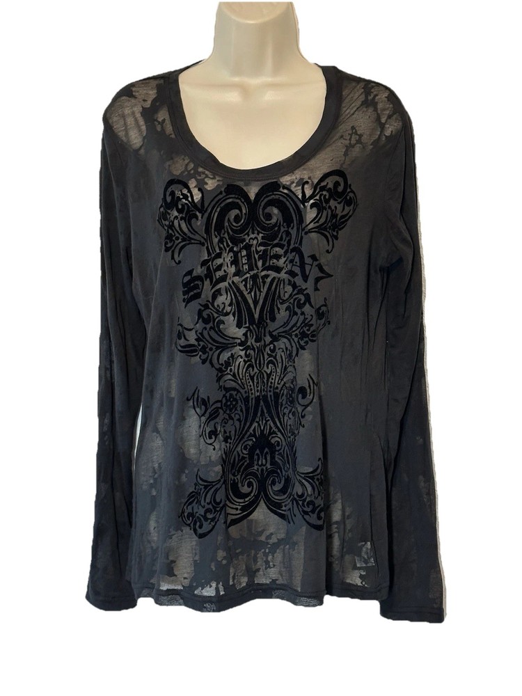 Y2K Womens XL  Black Velvet Burnout Long Sleeve Top Whimsigoth Grunge