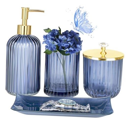4-Piece Blue Glass Soap Dispenser Bathroom Accessory Set