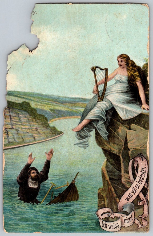 Antique Postcard Lorelei Harp Maiden Rhine River, DE 1900s