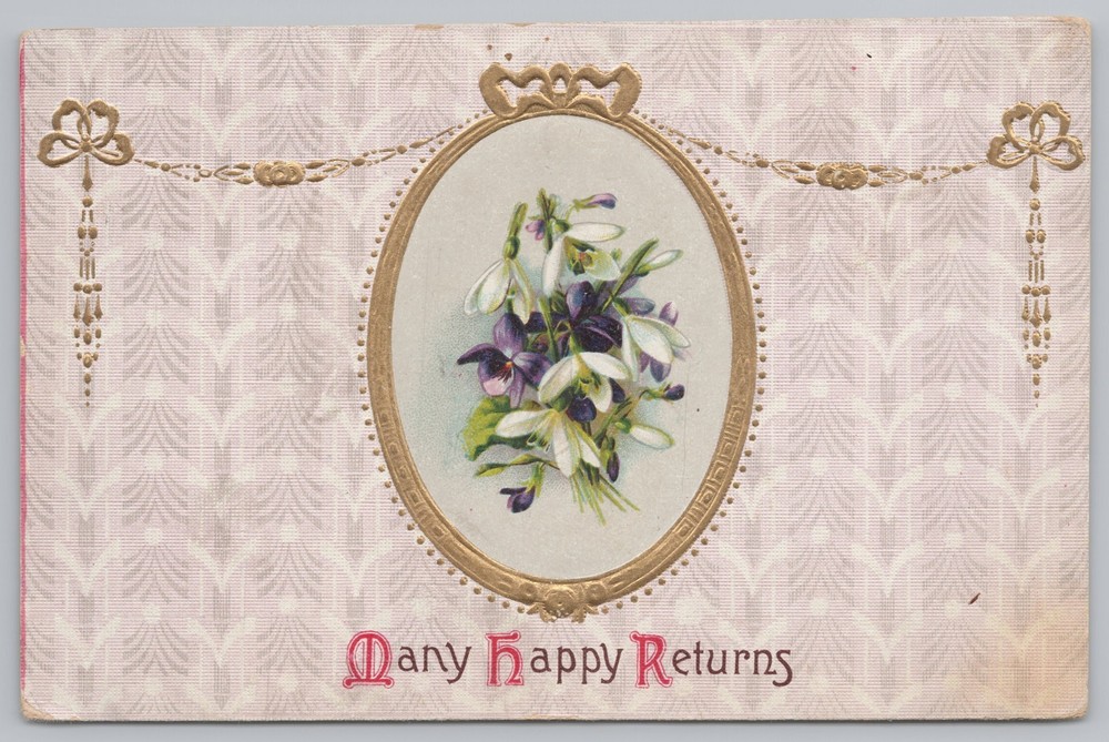 Greetings~Mistletoe Purple Flowers Many Happy Returns~Vintage Postcard
