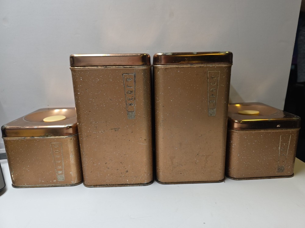 4 Vintage Mid Century Copper Lincoln Beautyware Canisters Flour Sugar Coffee Tea