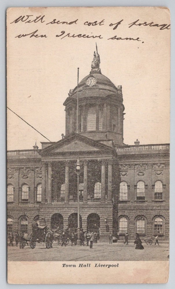Town Hall Liverpool England Postcard 1903 Edwardian Era Horse & Carriage Scene