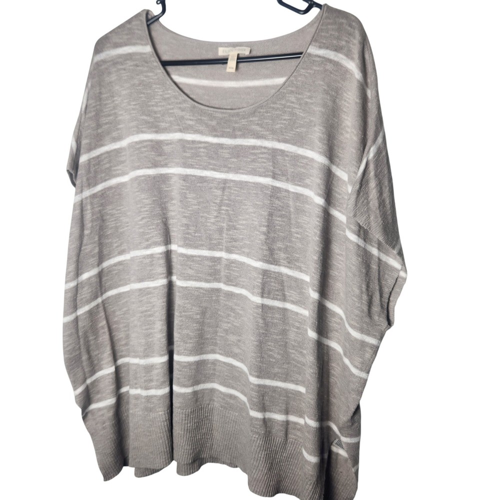 Eileen Fisher Organic Linen oversized boxy tunic blouse gray striped Size M