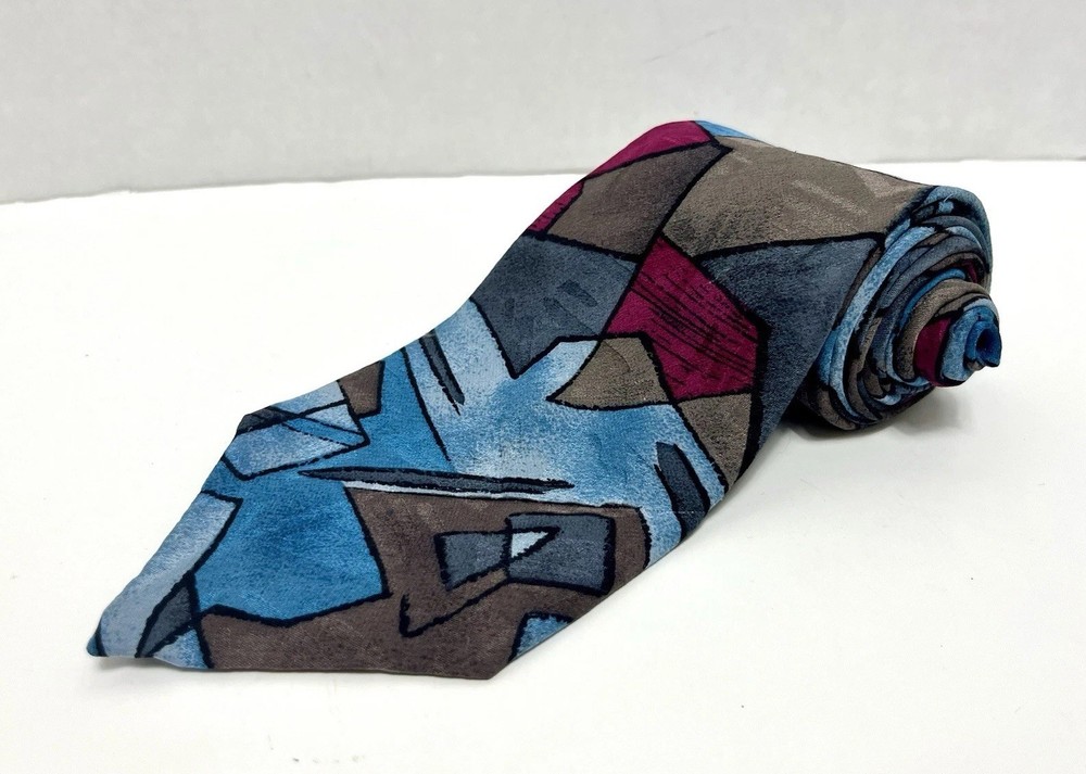 Oscar De La Renta Men’s Abstract Art Deco Geometric Necktie Blue Gray 100% Silk