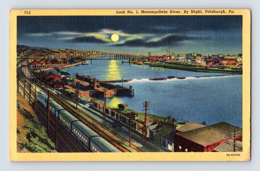 Vintage Pittsburgh PA Monongahela River Lock No. 1 Night Scene Postcard