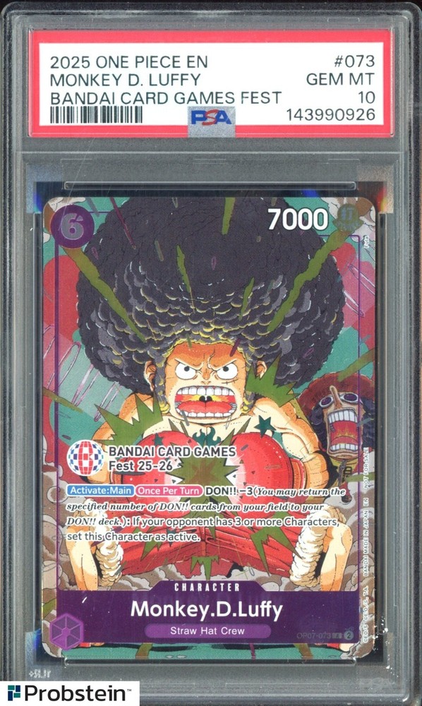 2025 One Piece En Bandai Card Games Fest #073 Monkey D. Luffy PSA 10 GEM MINTPROBSTEIN is actively accepting consignments !!