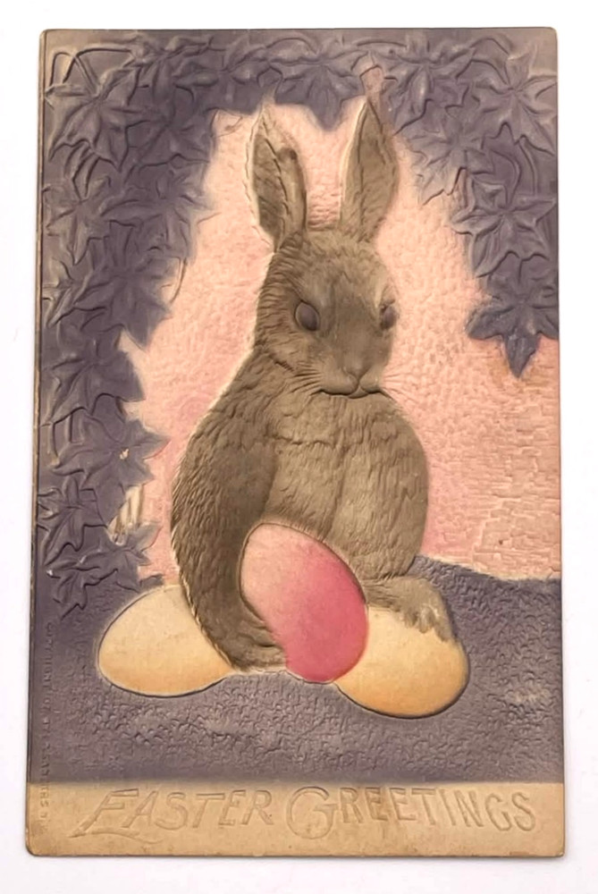 1908 Easter Greetings Bunny Rabbit With Eggs Ivy Leaf Embossed Antique Postcard