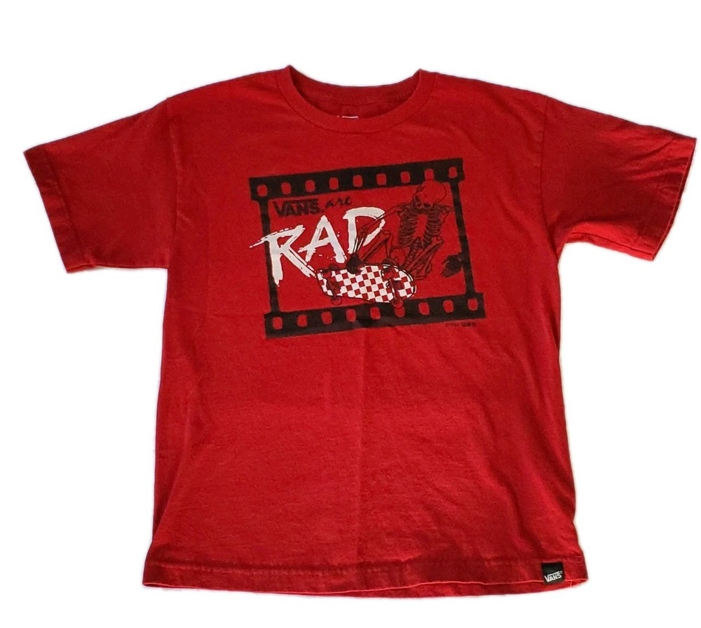 VANS Boy's Graphic Skeleton Skateboarding T-Shirt Red Crew Neck Short Sleeve L