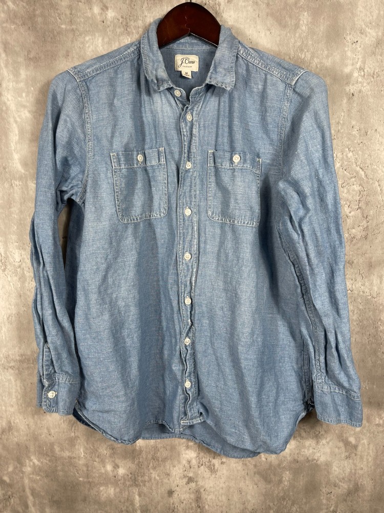 J.Crew Shirt Mens Medium Blue Chambray Linen Blend Long-Sleeve Button-Up