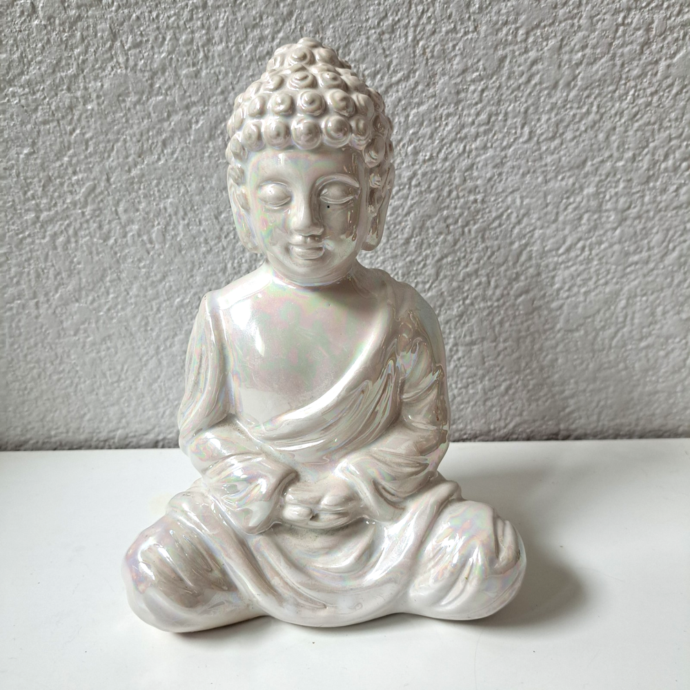 Iridescent Ceramic Sitting Buddha Statue Figurine Decor 7.5