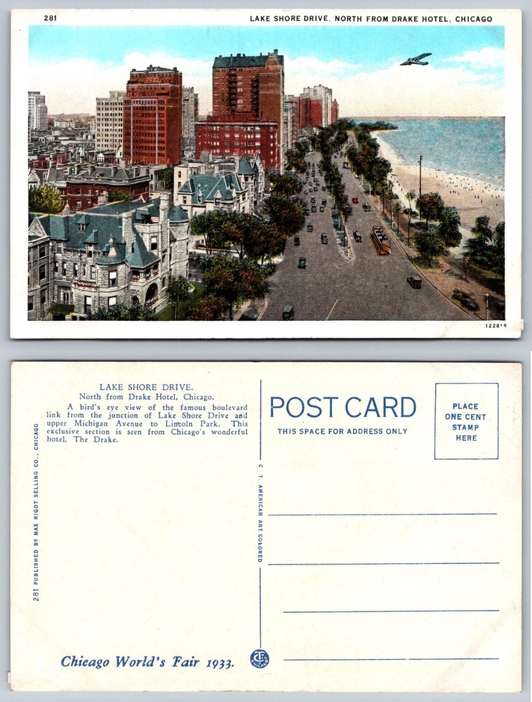 1933 Chicago World's Fair Lake Shore Drive Drake Hotel Postcard CT Art