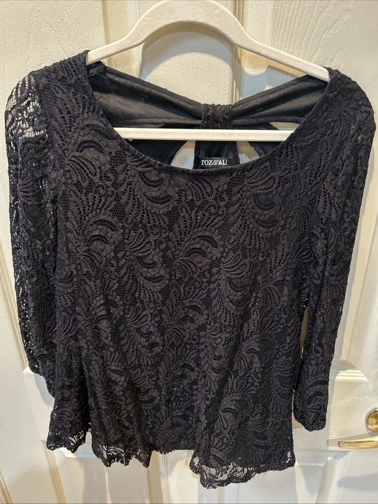 Roz & Ali Women's Black Lace 3/4 Blouse Size Small