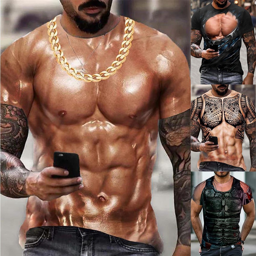 Mens 3D Muscle Print T-Shirt Short Sleeve Digital Printing Shirts Tops