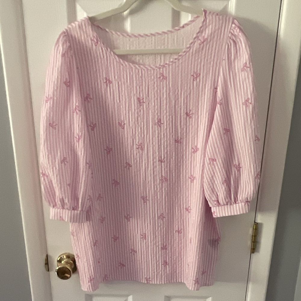 SHEIN Pink & White Striped Round Neck Pullover 3/4 Sleeve Blouse XL