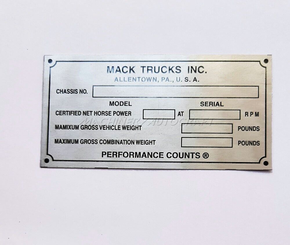 Vintage Mack Trailer Truck Performance Tag USA Data Plate Aluminum Acid Etched-image