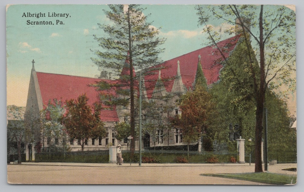 Scranton Pennsylvania~Albright Library~Boy on Corner~1914 Vintage Postcard