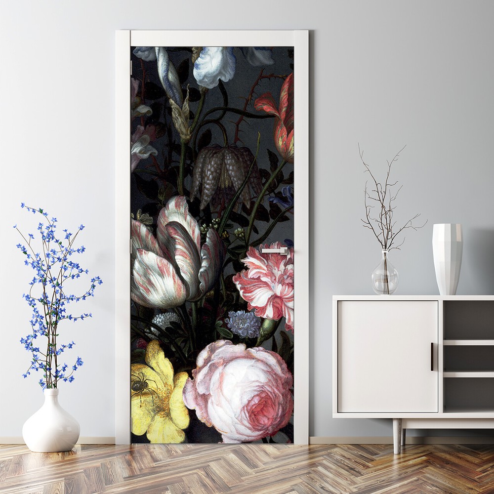 Dark Vintage Floral Bubble Free dark Door Decal Rose Mural Wall Covering