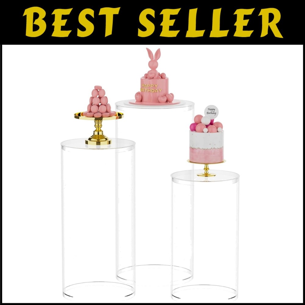 3-Piece Clear Acrylic Cylinder Pedestal Stand Set for Wedding Displays
