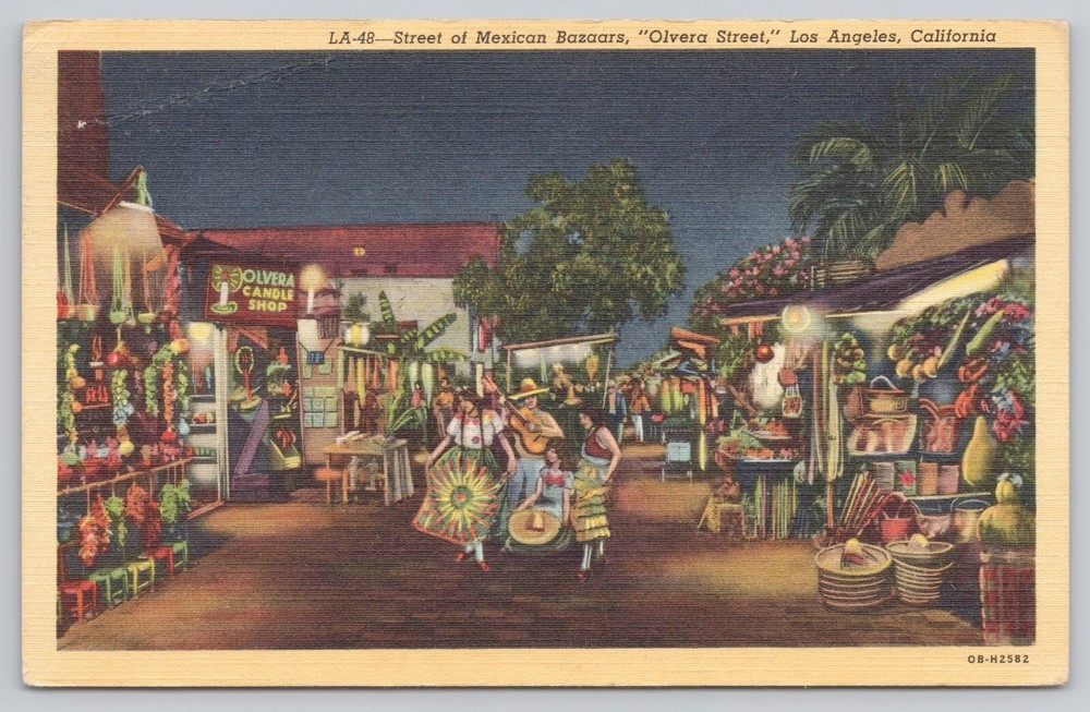Los Angeles California, Olvera Street Mexican Bazaars Shops, Vintage Postcard