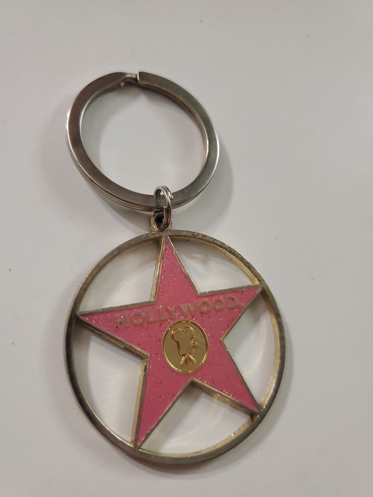 Vintage Hollywood California Star Mirrored Box Keychain Keyring Pink Glitter