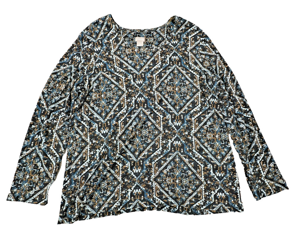 Chico's Women's Top Size 3 US XL/16 Geometric Print Blue Brown Long Sleeve Boho