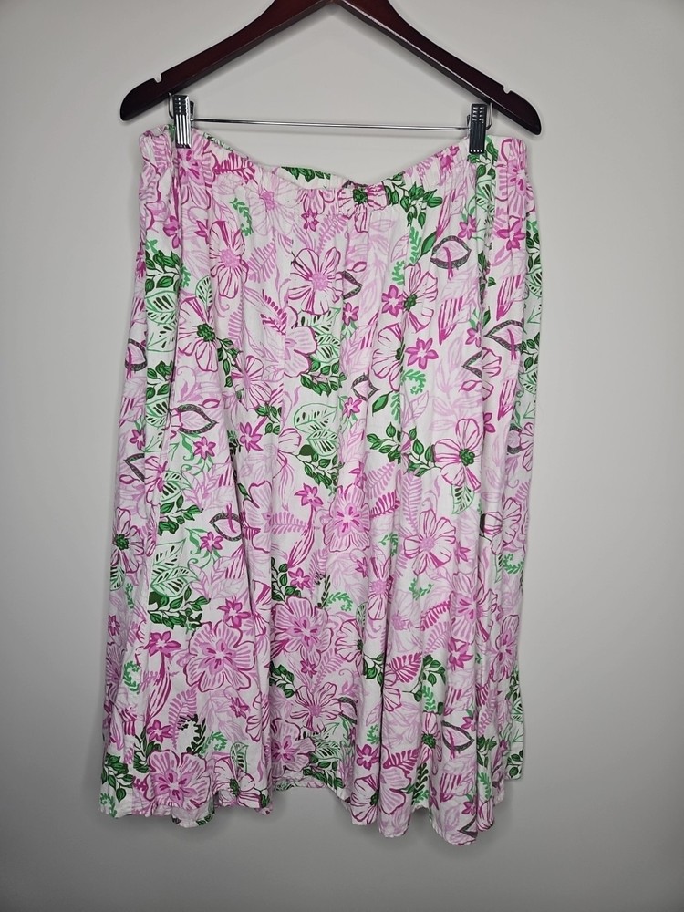 Woman Within Skirt 2X Pink Floral Linen Blend Coastal CottageCore Midi Pockets