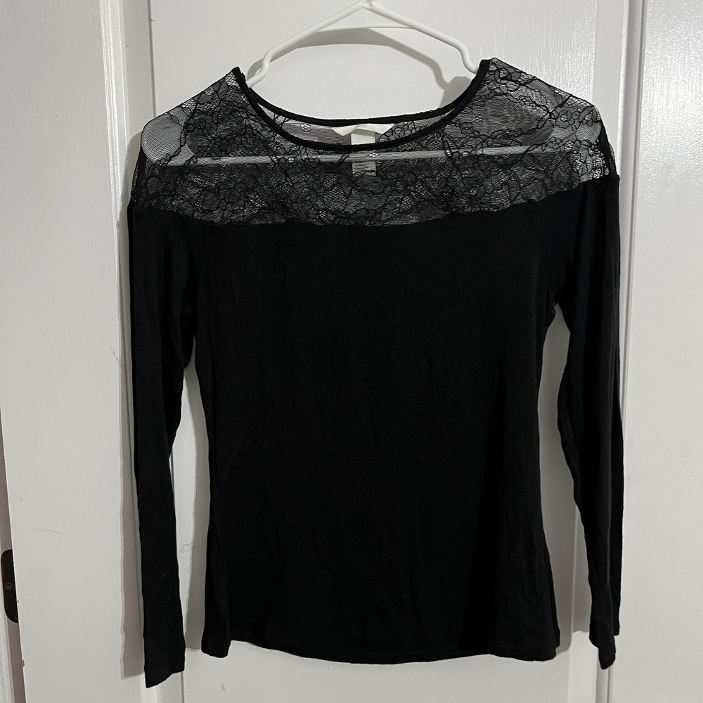 H&M Women’s Black Lace Long Sleeve Top Romantic Blouse Chic Classic Medium