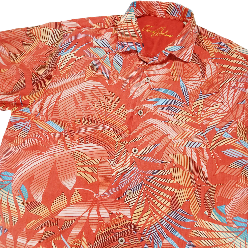 Tommy Bahama 100% Silk Hawaiian Shirt XL Orange Tropical Camp Button Front Men