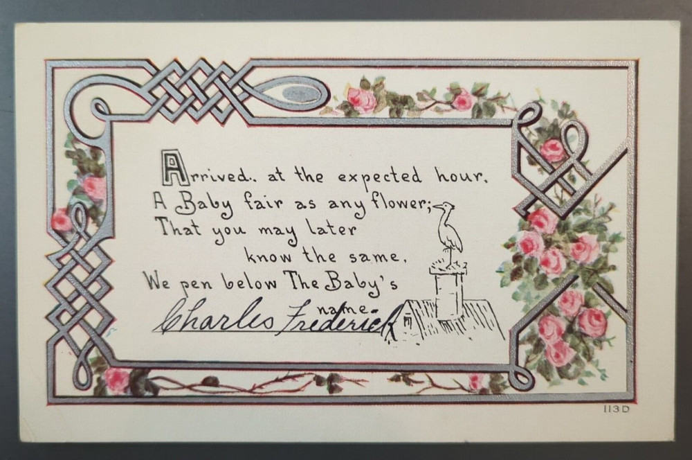 1914 Birth Announcement Stork Pink Roses on Trellis Silver Trim Antique Postcard