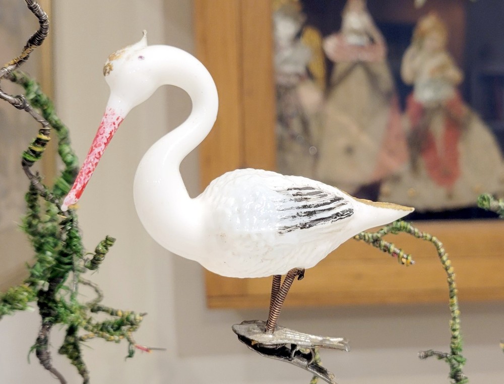 White Milk glass Stork, on Clip, with Spun Glass Tail.  1920s German Ornament