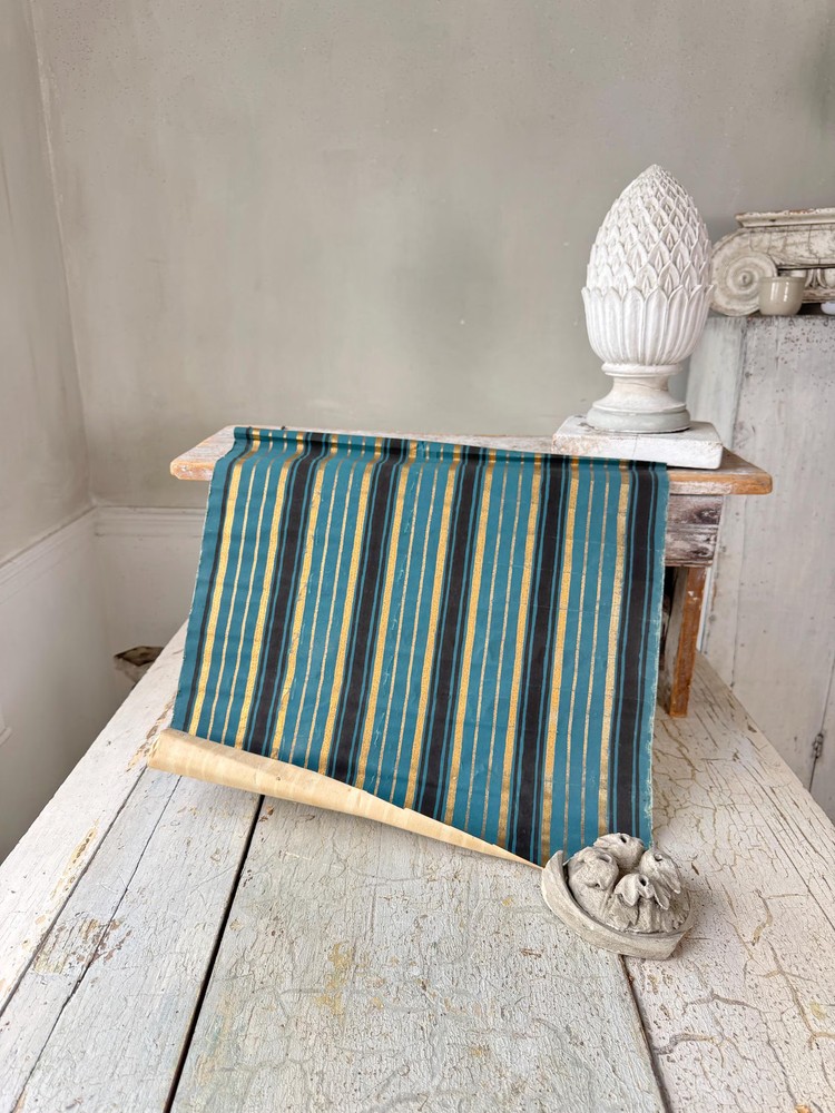 24in Vintage Wallpaper Stripe Gold Metallic Teal Blue Black Art Deco Style Wall