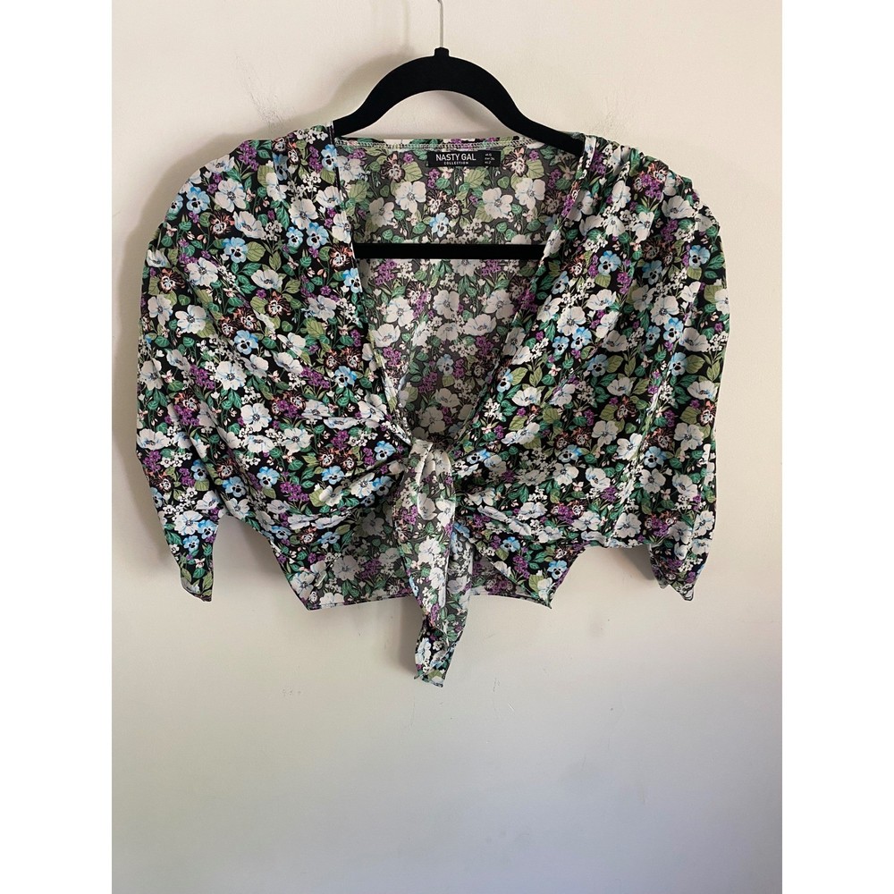 Nasty Gal Collection Floral Tie Front Crop Top Black Blue Ruched Sleeve US 2