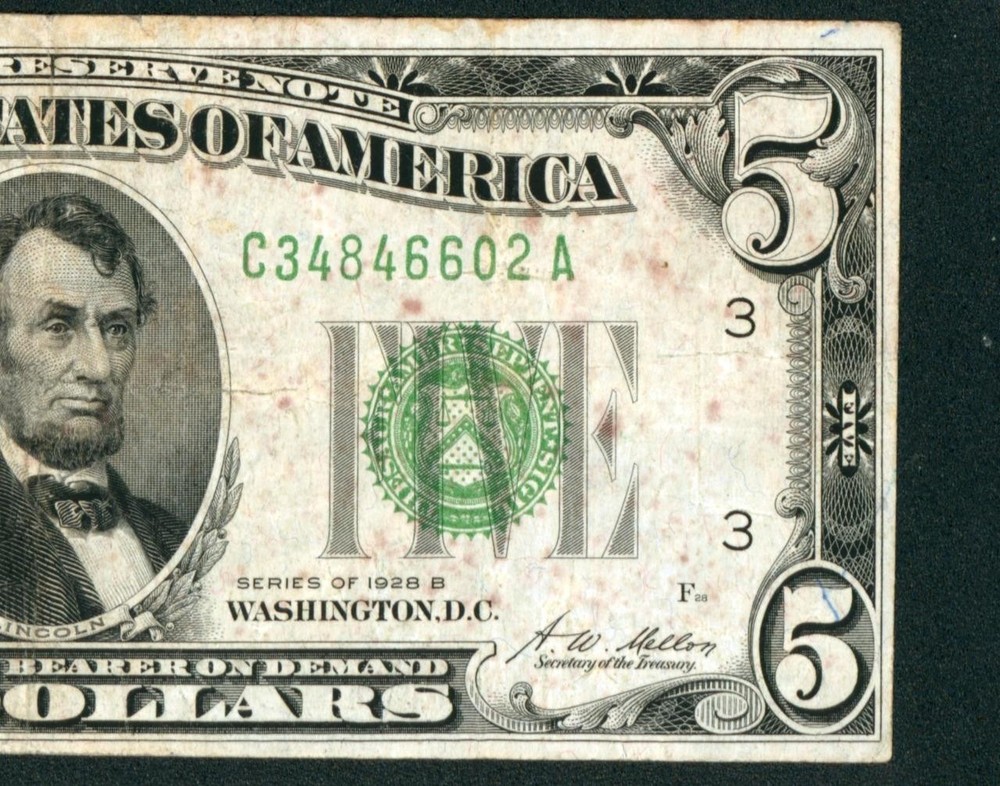 $5 1928 ((DARK GREEN SEAL)) Federal Reserve Note ** PAPER CURRENCY