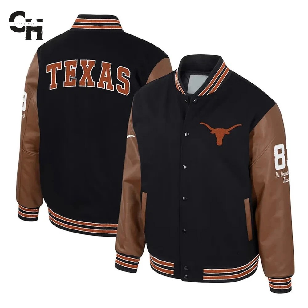 Letterman Texas Long Horns Black Wool and Brown Leather Sleeves Varsity Jacket