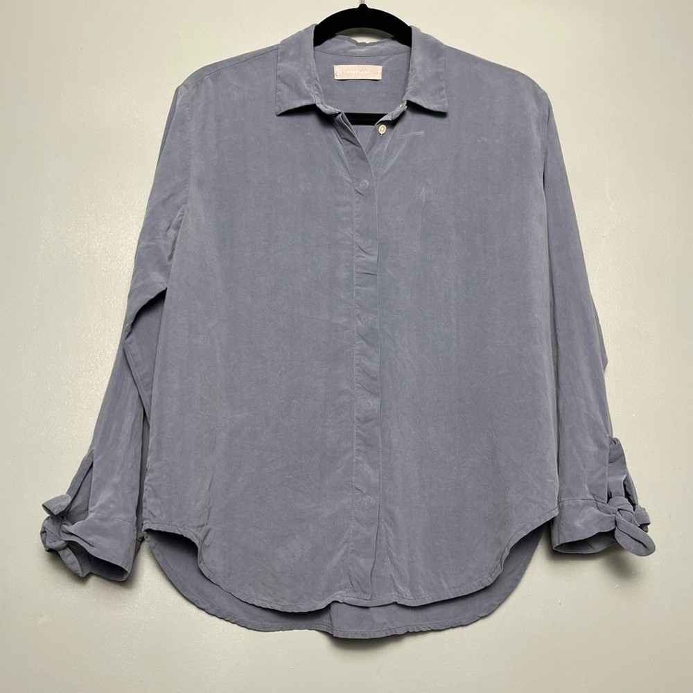 Everlane Matte Blue Silk Tie Sleeve Blouse Women Size 8