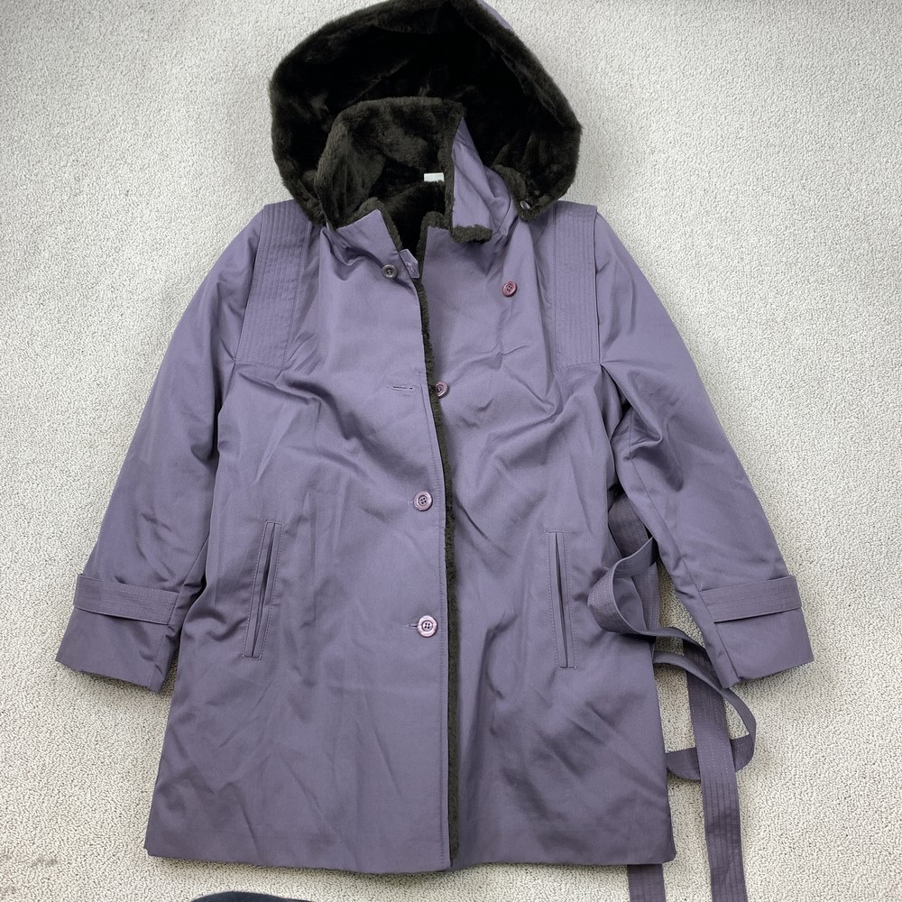 Vintage Hooded Jacket Women's Size 10 Purple Faux Fur Lined Button Belted 1970s