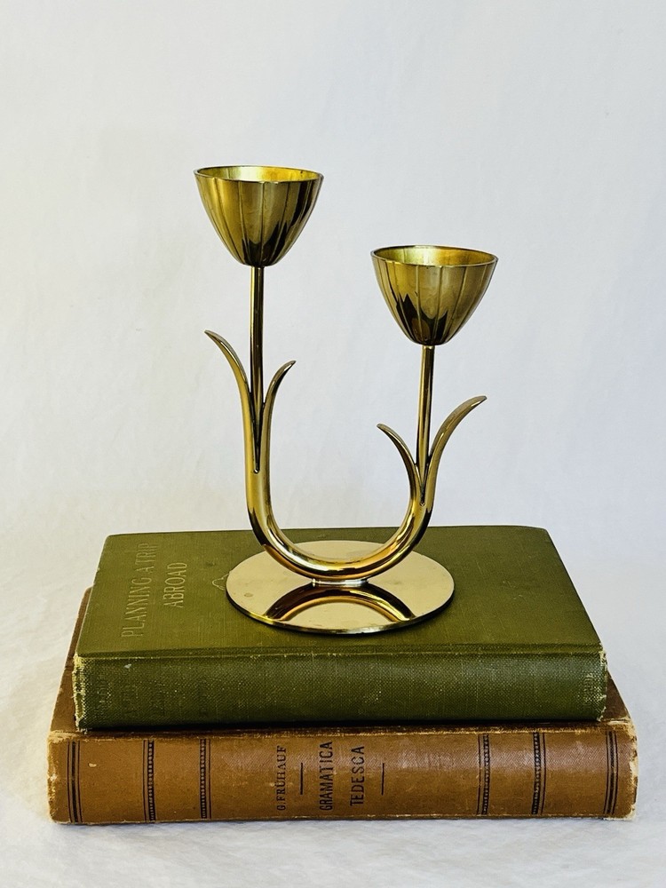 Vintage MCM Ystad Brass Tulip Candelabra Two Arms Made in Sweden