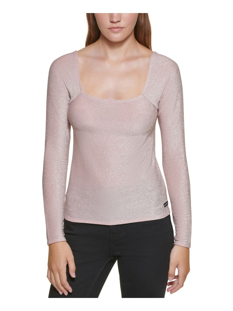 CALVIN KLEIN JEANS Womens Pink Fitted Logo Long Sleeve Party Top