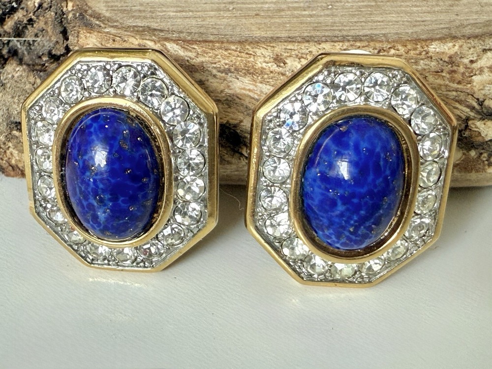 Vintage Faux Blue Lapis Lazuli & Pave Crystal Rhinestone Clip On Earrings