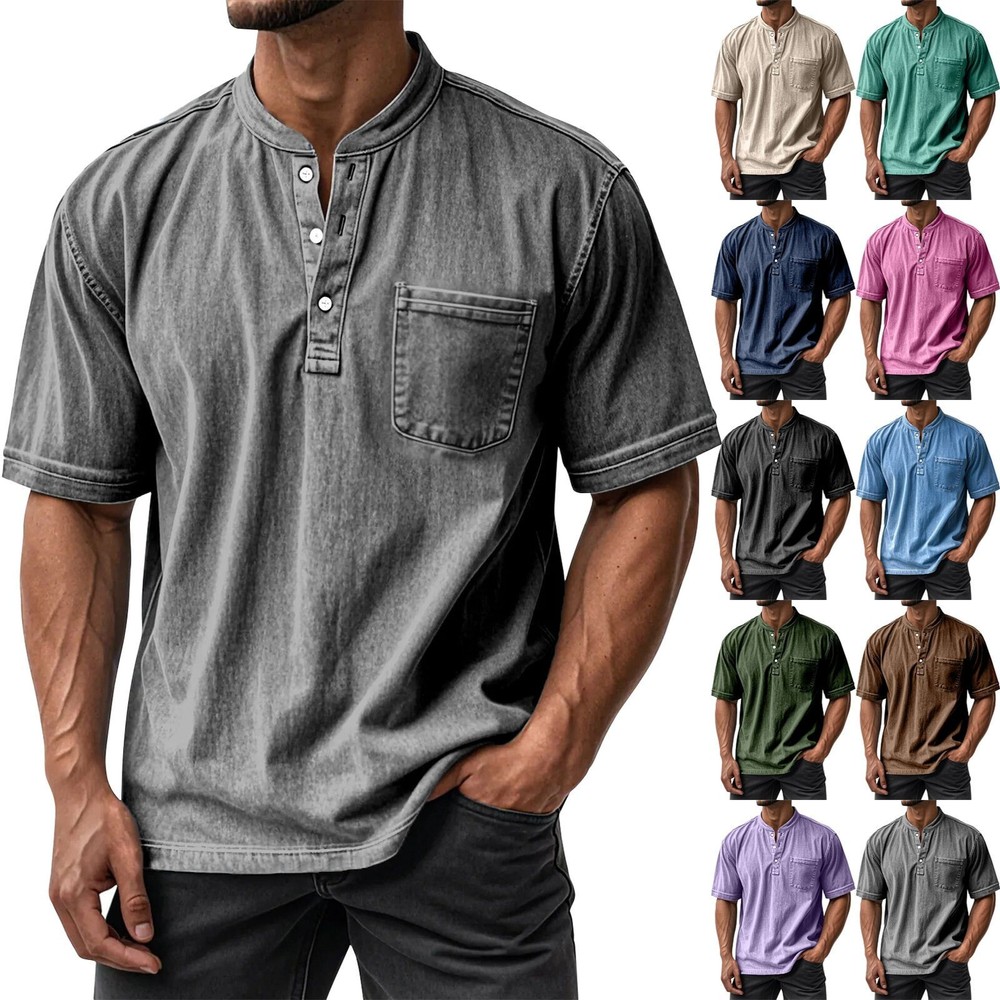 Men Washed Henley Shirt Short Sleeve T-Shirt Button Tops Grandad Neck Tee Shirts