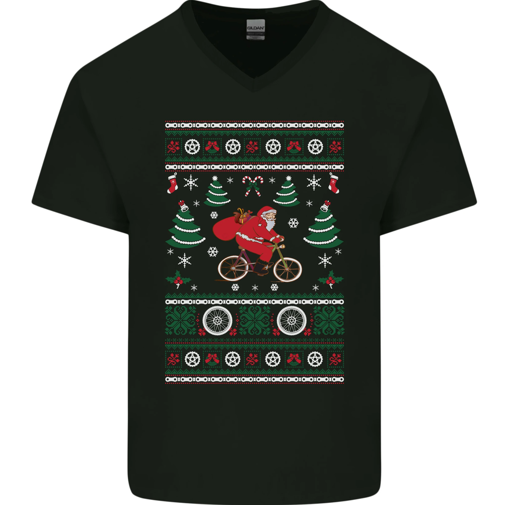 Cycling Santa Claus Christmas Cyclist Mens V-Neck Cotton T-Shirt