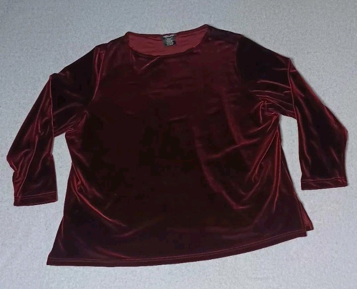 Kathie Lee Long Sleeve Velvet Blouse Womens Size 22W/24W Maroon Soft And...