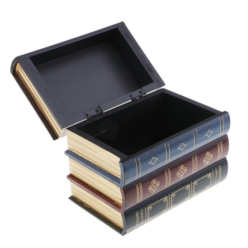 Vintage Book Wooden Box Shape Jewelry Treasure Chest Holder Case Handmade