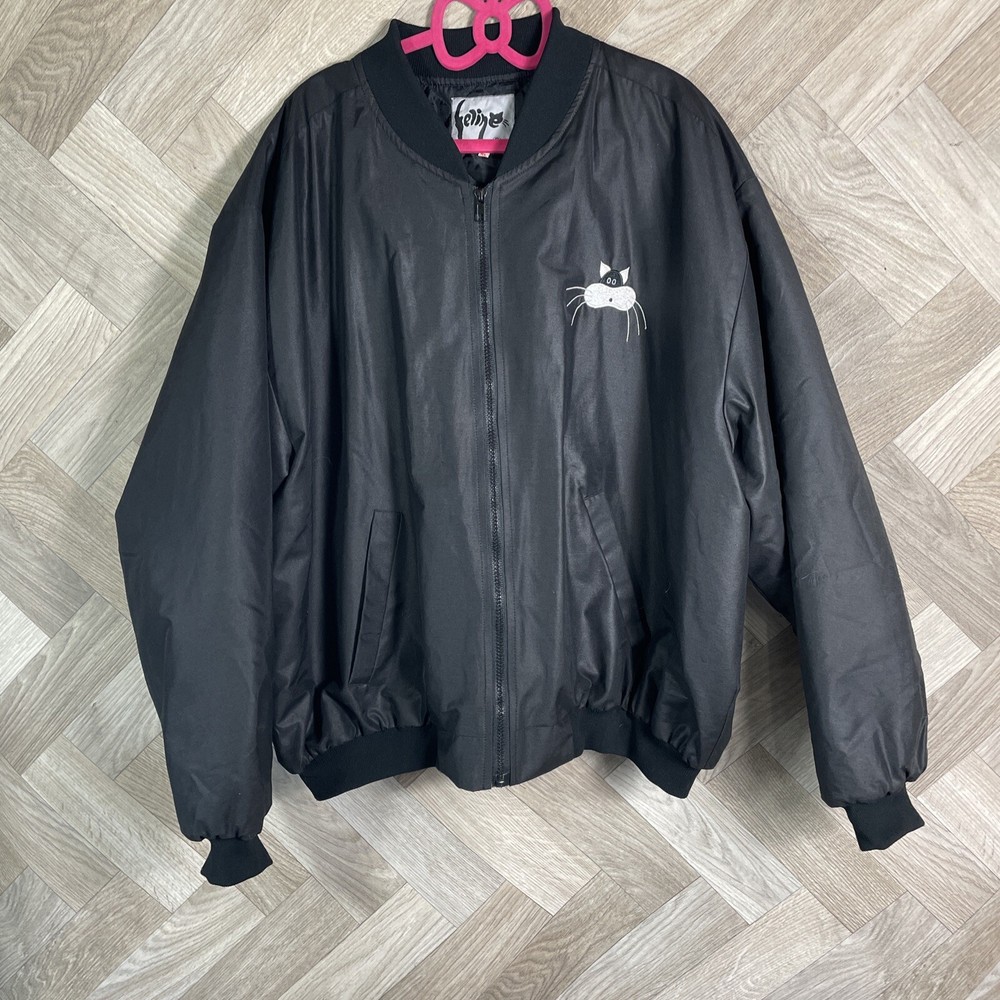 Vintage Black Embroidered Logo Bomber Jacket Mens XL Rare Feline Design