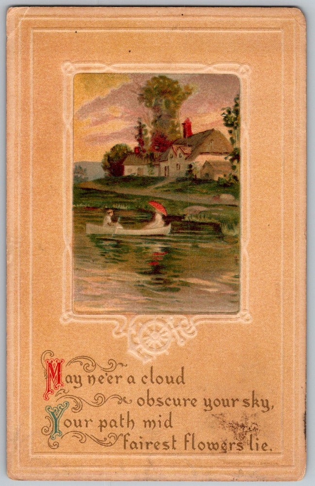 Antique Postcard River Cottage Boat Scene 1910s