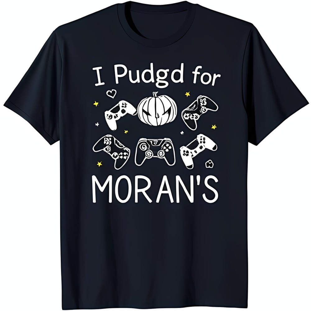 Cool Black T-Shirt with Bold White 'I Pudgd for MORAN'S' Graphic & Pumpkin Desig